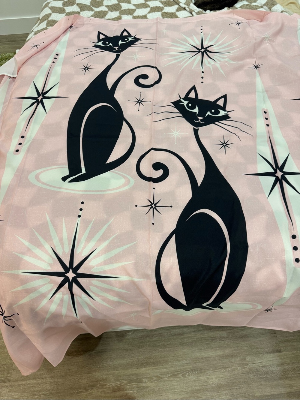 Pink Cat Shower Curtain with Retro Starburst Design